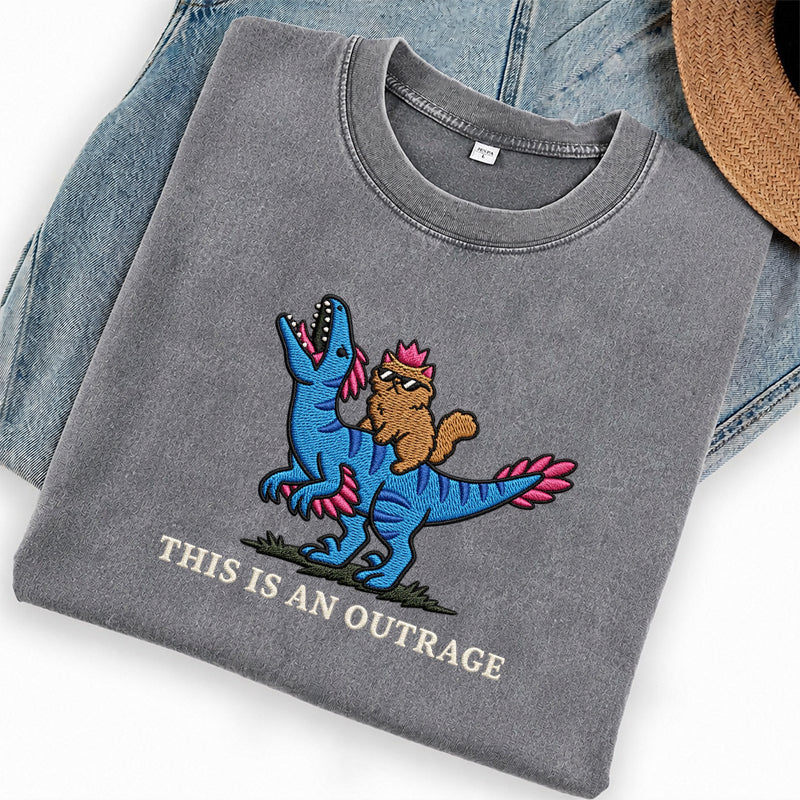 Embroidered This Is An Outrage Book Lover Washed Crew Neck T-Shirt