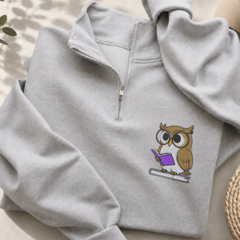 Embroidered Owl Reading Classic Quarter Zip Sweatshirt