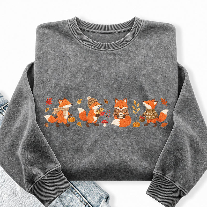 Embroidered Fall Fox Washed Crewneck Sweatshirt
