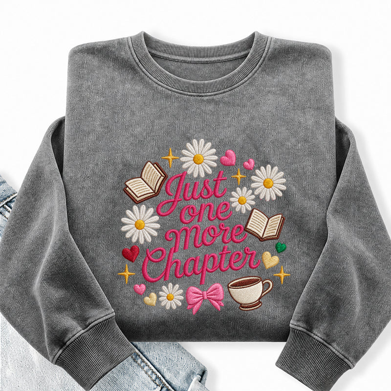 Embroidered Just One More Chapter Flower Washed Crewneck Sweatshirt