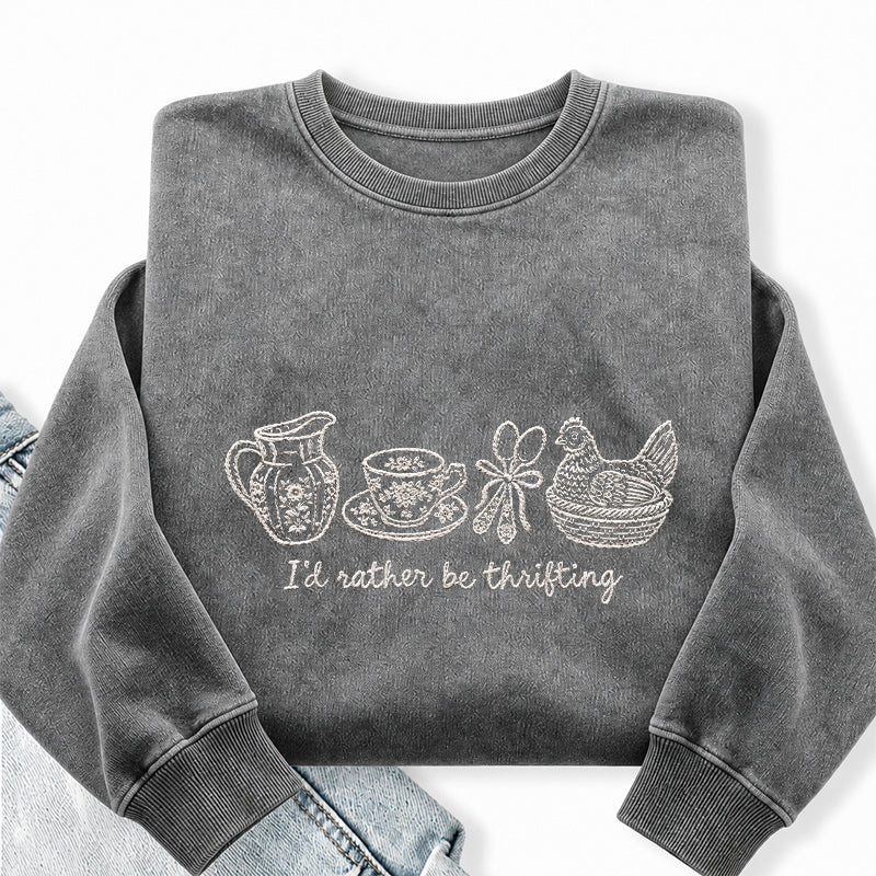 Embroidered I'd Rather Be Thrifting Washed Crewneck Sweatshirt