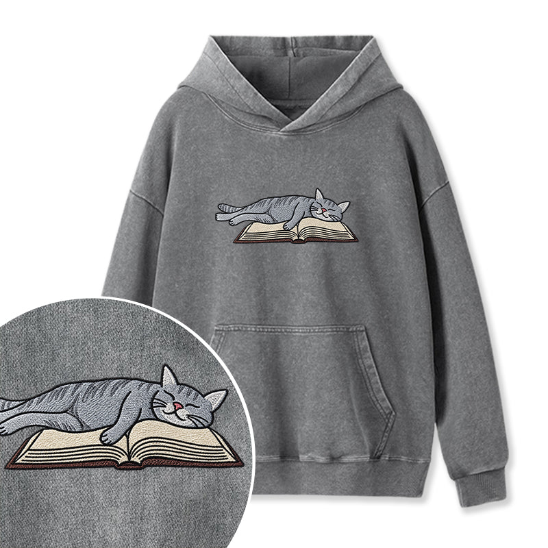 Embroidered Cat Sleeping On Book Washed Hoodie