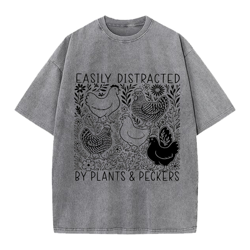 Easily Distracted By Plants and Peckers Washed Crew Neck T-Shirt