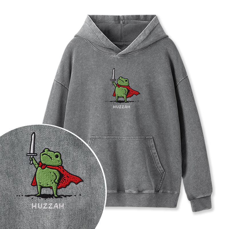 Embroidered Huzzah Frog with Sword Washed Hoodie