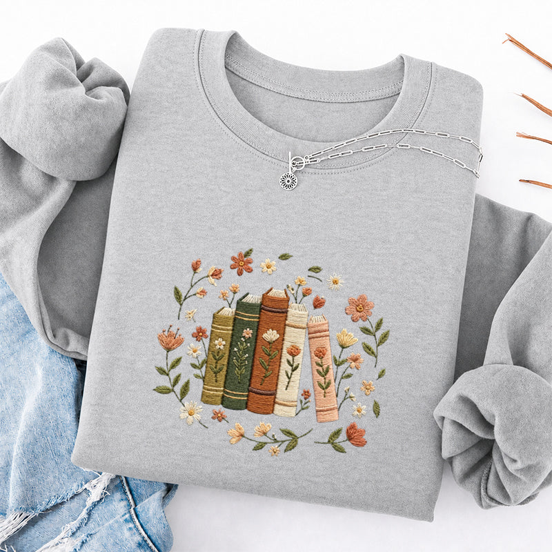 Embroidered Floral Book Stack Classic Crewneck Sweatshirt