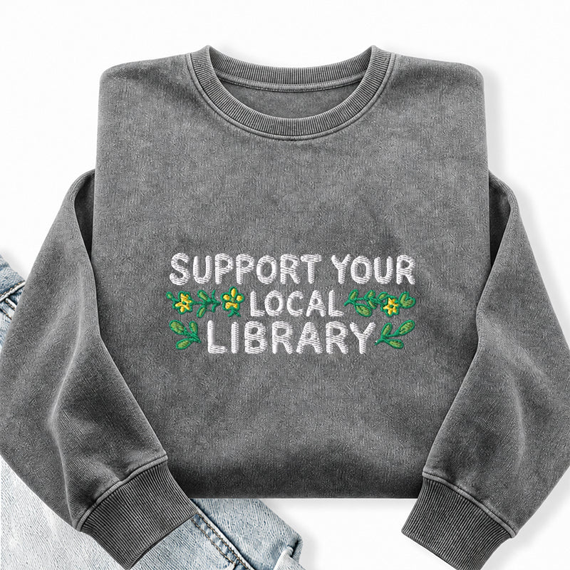 Embroidered Support Your Local Library Washed Crewneck Sweatshirt