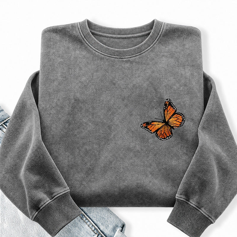 Embroidered Monarch Butterfly Washed Crewneck Sweatshirt