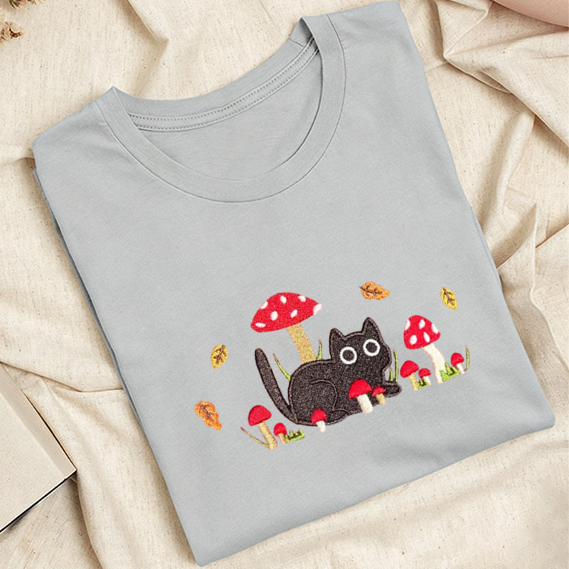 Embroidered Mushroom Cat Classic Adult Unisex Crew Neck T-Shirt