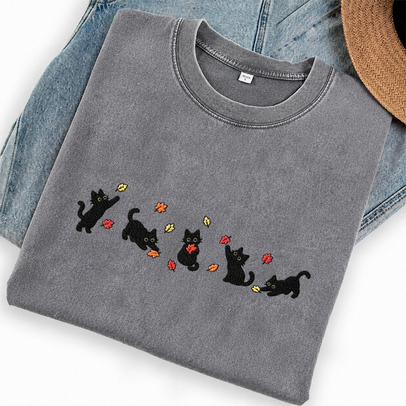 Embroidered Fall Leaves Black Cats Washed Crew Neck T-Shirt