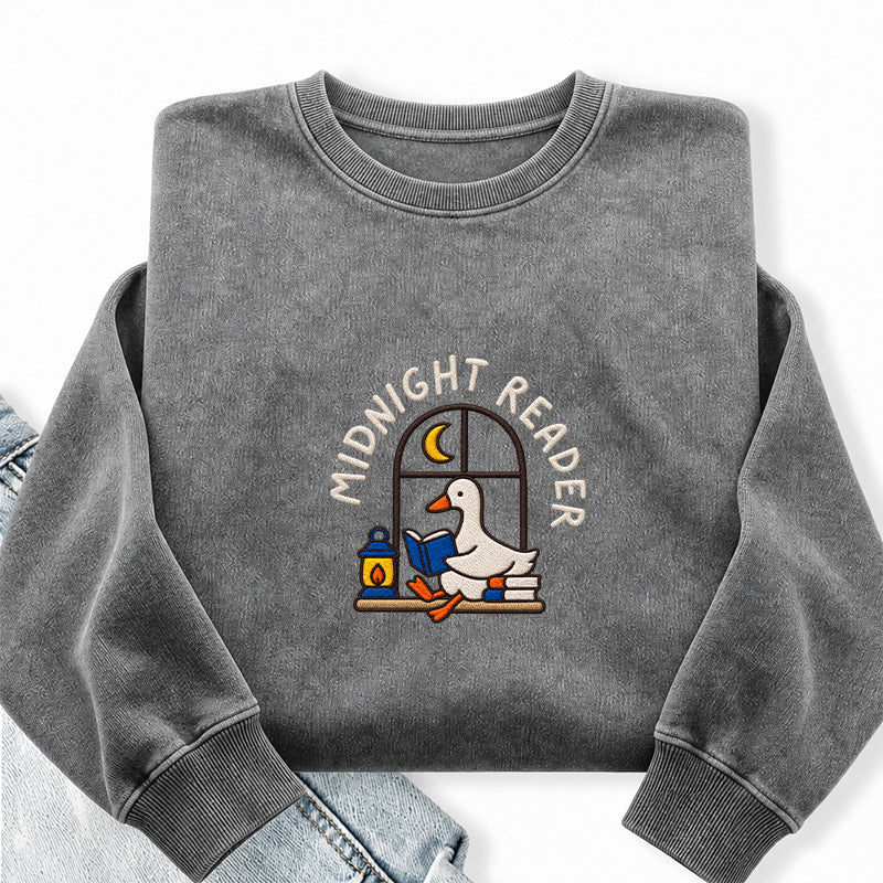 Embroidered Midnight Reader Goose Washed Crewneck Sweatshirt