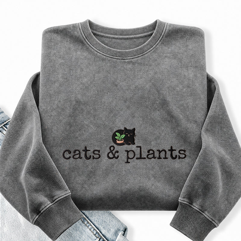 Embroidered Cat and Plants Washed Crewneck Sweatshirt