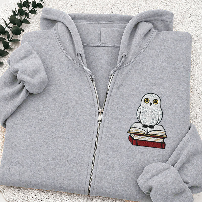 Embroidered Snow Owl On Bookstack Classic Full Zip Hoodie