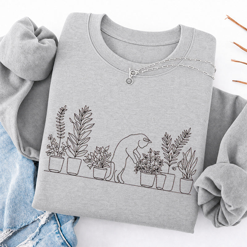 Embroidered Cat and Plant Lover Classic Crewneck Sweatshirt