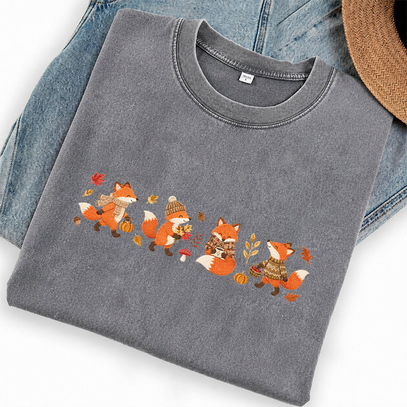 Embroidered Fall Fox Washed Crew Neck T-Shirt