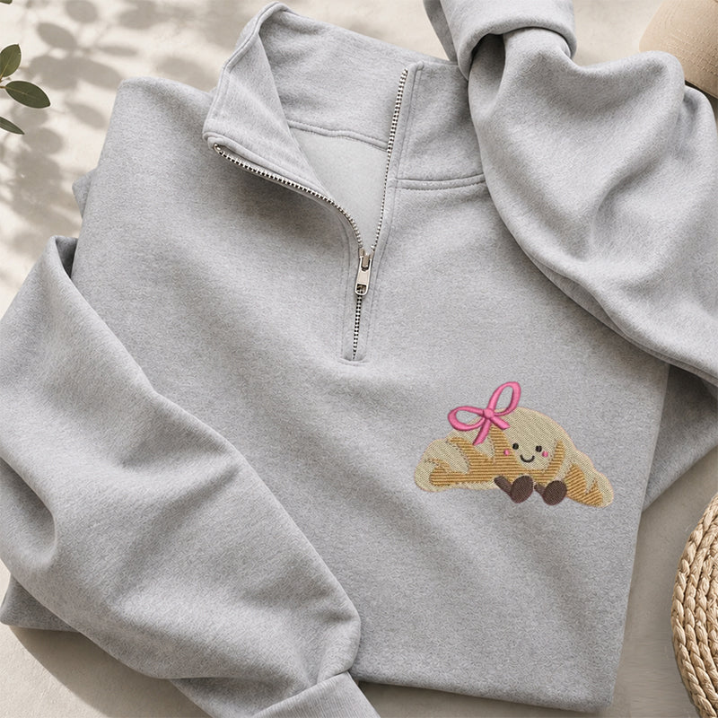 Embroidered Cute Croissant Classic Quarter Zip Sweatshirt