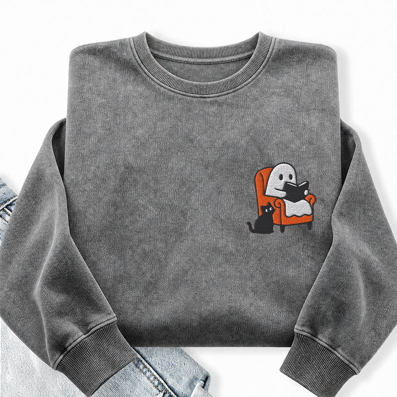 Embroidered Ghost Reading On Sofa Washed Crewneck Sweatshirt