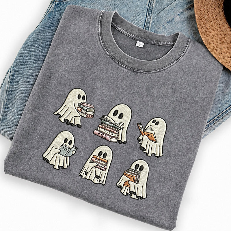 Embroidered Halloween Ghost Book Washed Crew Neck T-Shirt