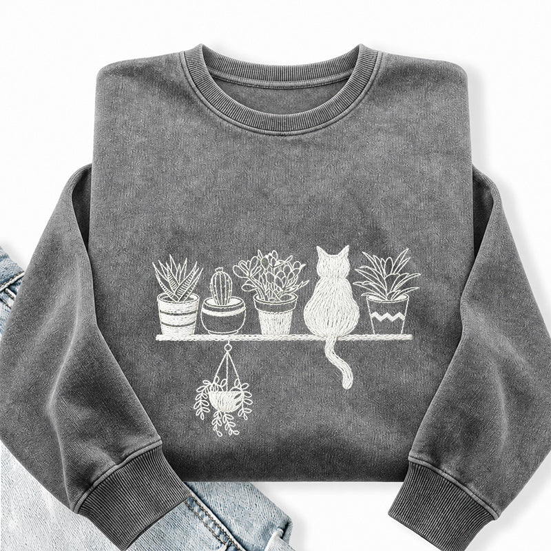 Embroidered Cats And Plants Washed Crewneck Sweatshirt