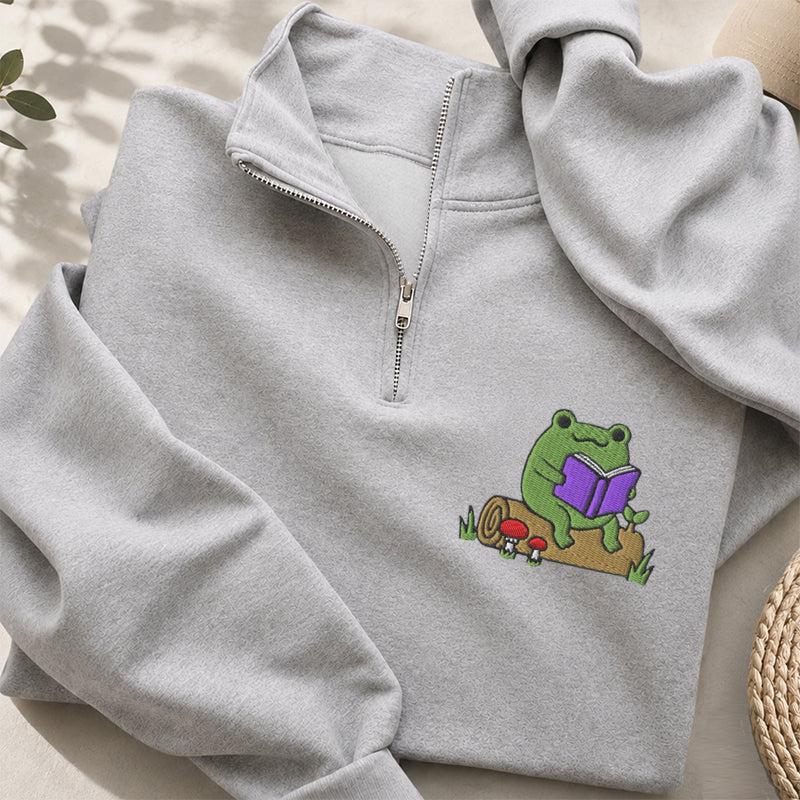 Embroidered Cute Reading Frog Classic Quarter Zip Sweatshirt