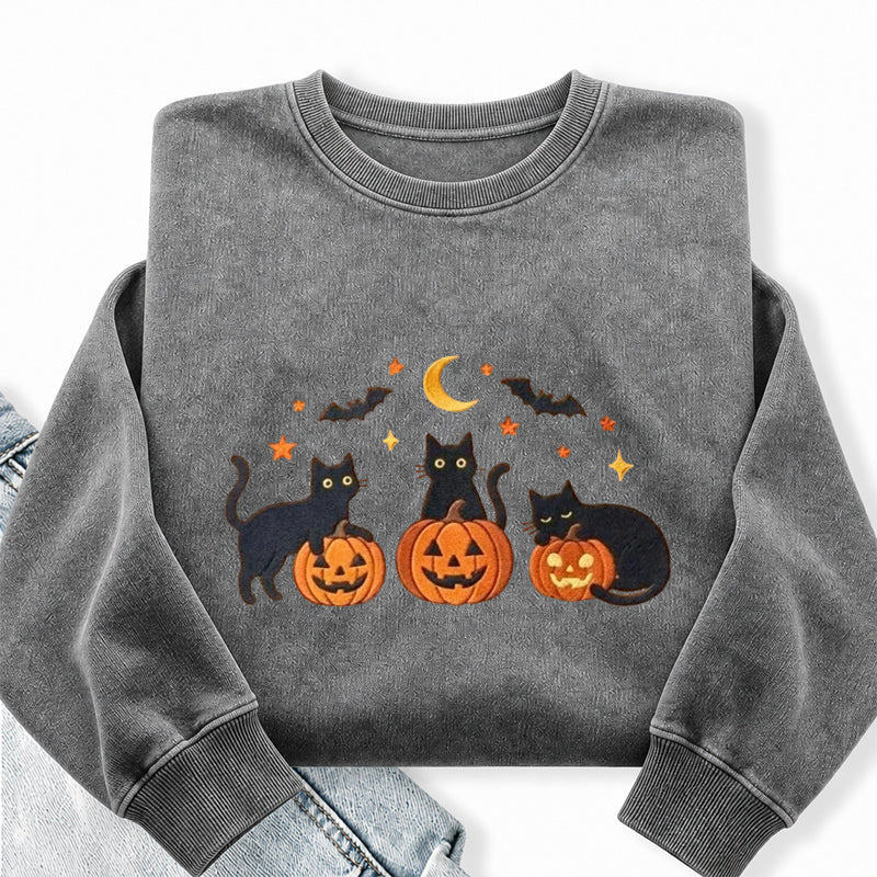 Embroidered Black Cat Pumpkins Washed Crewneck Sweatshirt
