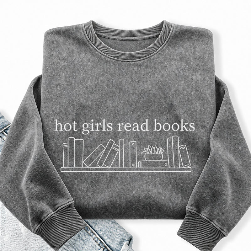 Embroidered Hot Girls Read Books Washed Crewneck Sweatshirt