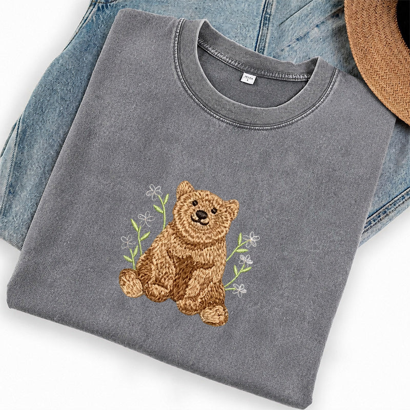 Embroidered Floral Bear Washed Crew Neck T-Shirt