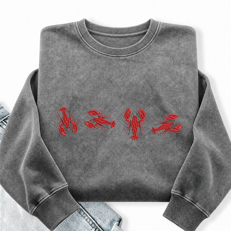 Embroidered Lobster Washed Crewneck Sweatshirt