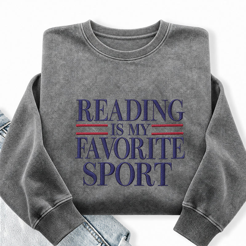 Embroidered Reading Is My Favorite Sport Washed Crewneck Sweatshirt