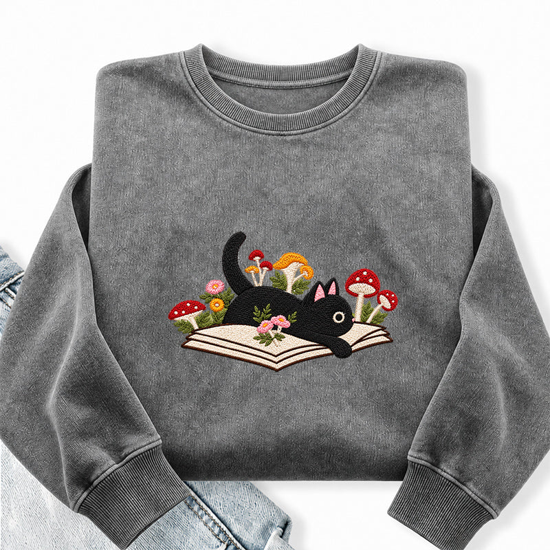Embroidered Black Cat Mushroom Book Washed Crewneck Sweatshirt