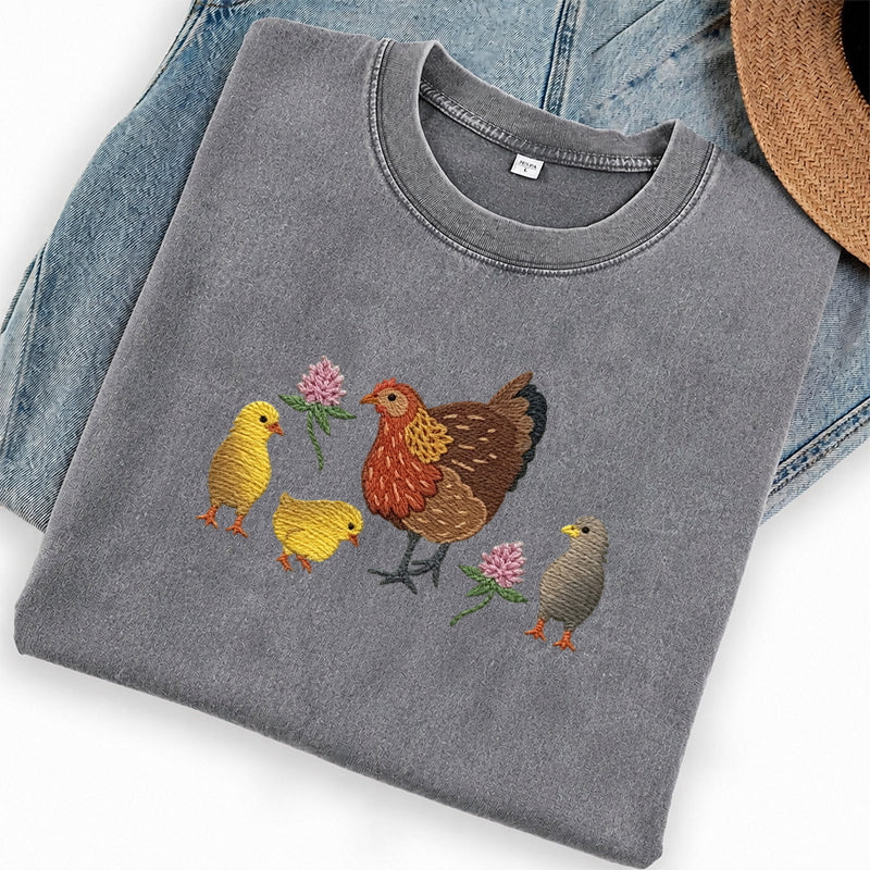 Embroidered Hen & Chicks Washed Crew Neck T-Shirt