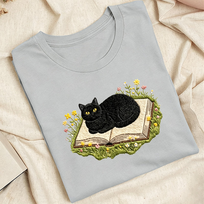 Embroidered Black Cat Book Classic Adult Unisex Crew Neck T-Shirt