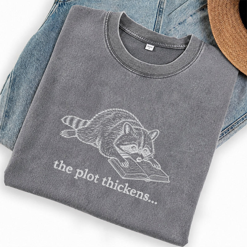 Embroidered The Plot Thickens Reading Raccoon Washed Crew Neck T-Shirt