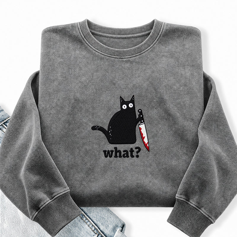 Embroidered Black Cat What Washed Crewneck Sweatshirt