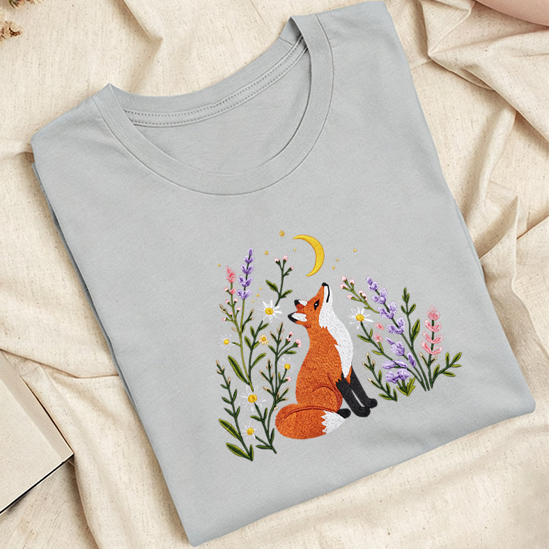 Embroidered Fox Wildflower Classic Adult Unisex Crew Neck T-Shirt