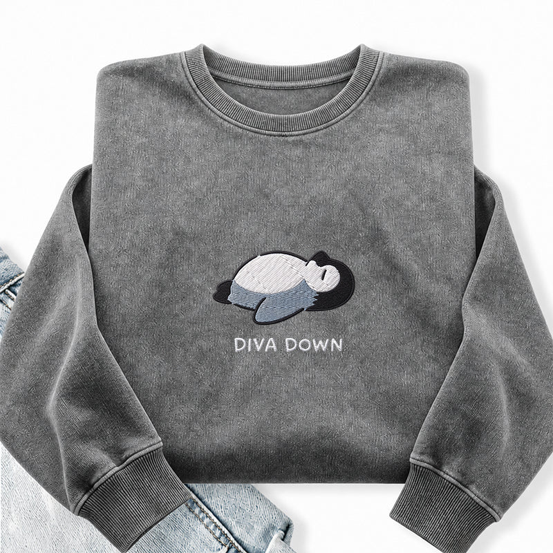 Embroidered Diva Down Penguin Washed Crewneck Sweatshirt
