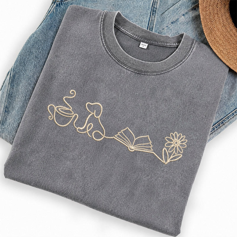 Embroidered Coffee Dog Book Flowers Washed Crew Neck T-Shirt