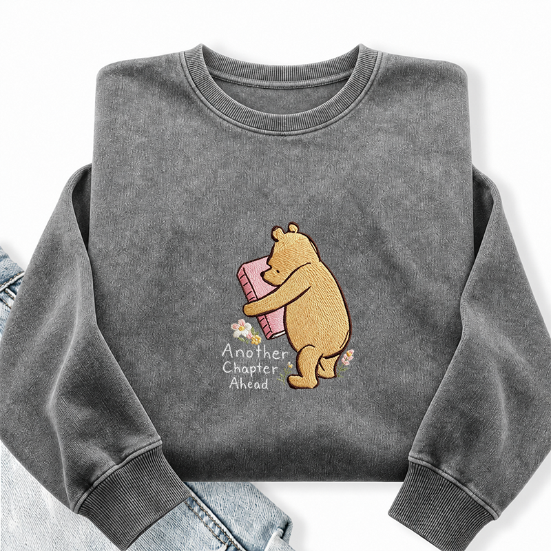 Embroidered Reading Bear Another Chapter Washed Crewneck Sweatshirt