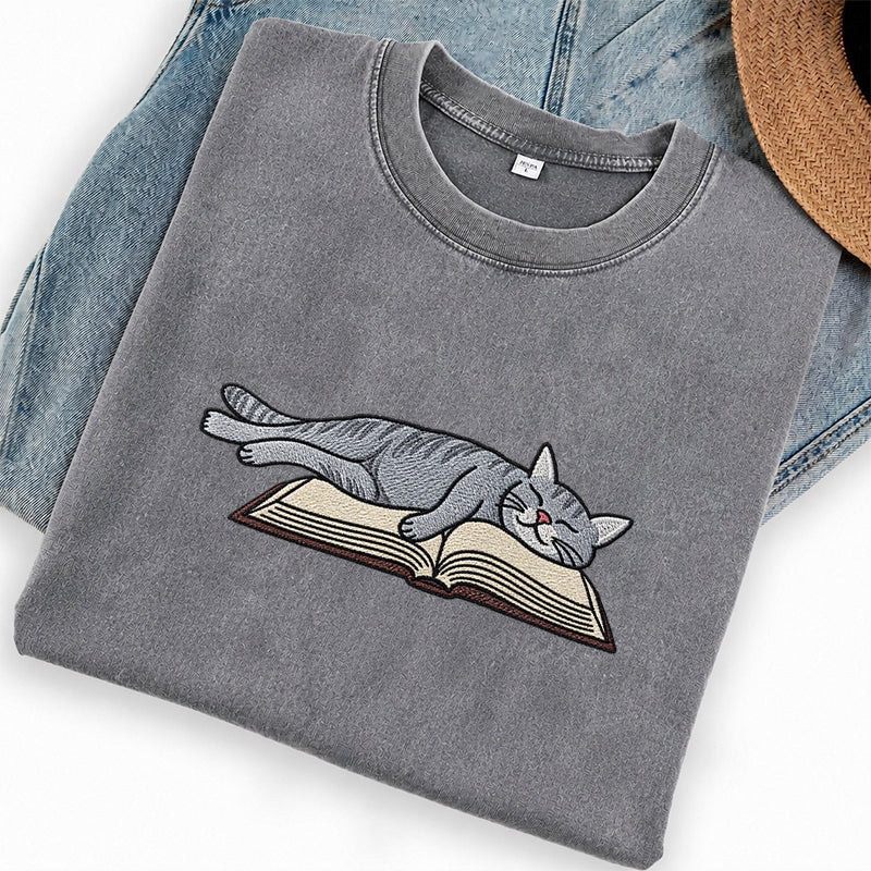 Embroidered Cat Sleeping On Book Washed Crew Neck T-Shirt
