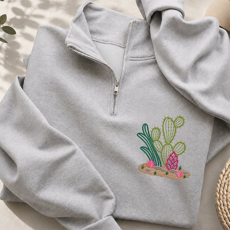Embroidered Cactus Classic Quarter Zip Sweatshirt