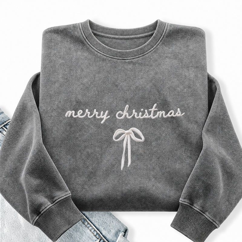 Embroidered Merry Christmas Bow Washed Crewneck Sweatshirt