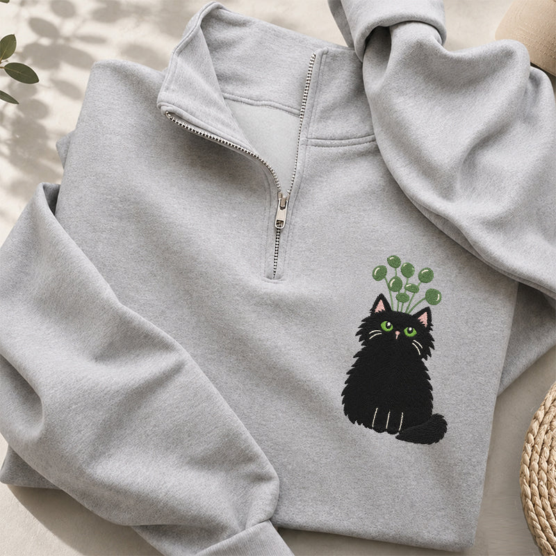 Embroidered Plant Black Cat Classic Quarter Zip Sweatshirt