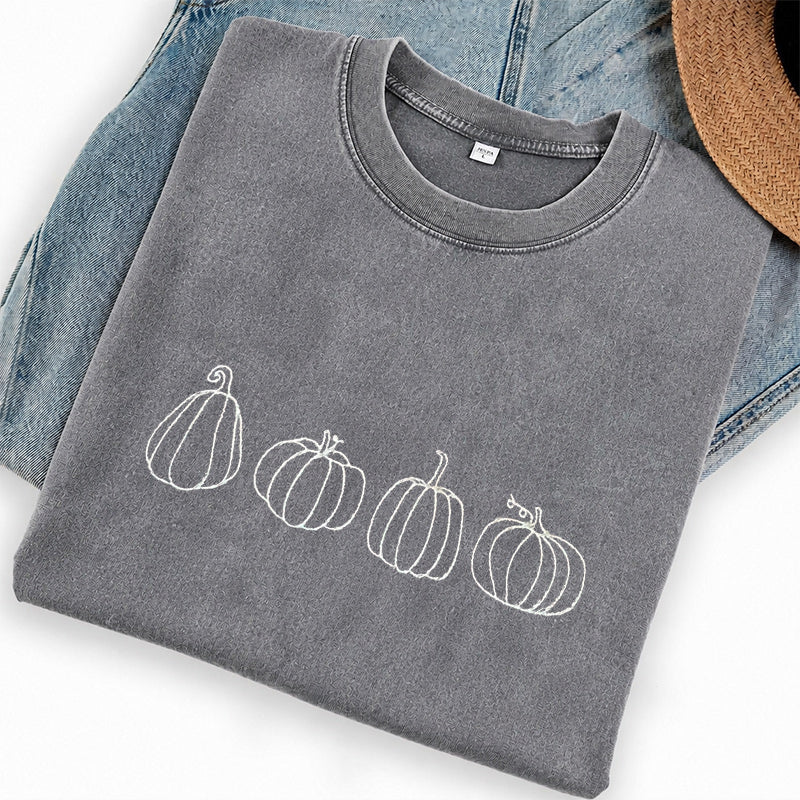 Embroidered Pumpkins Washed Crew Neck T-Shirt