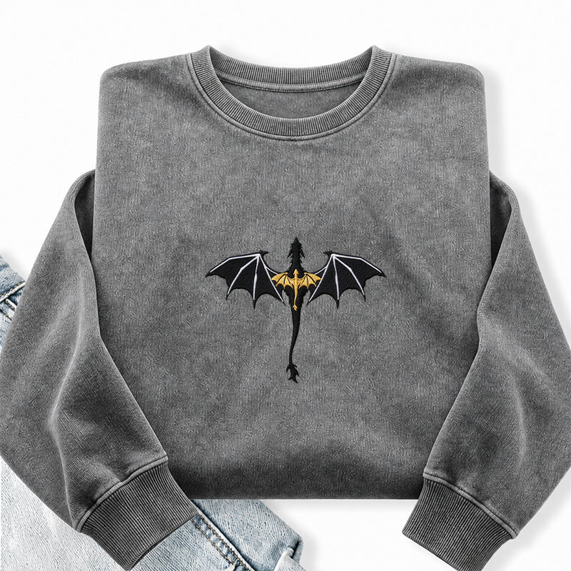 Embroidered Fantasy Book Dragon Washed Crewneck Sweatshirt