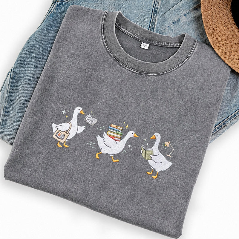 Embroidered Goose Reading Books Washed Crew Neck T-Shirt