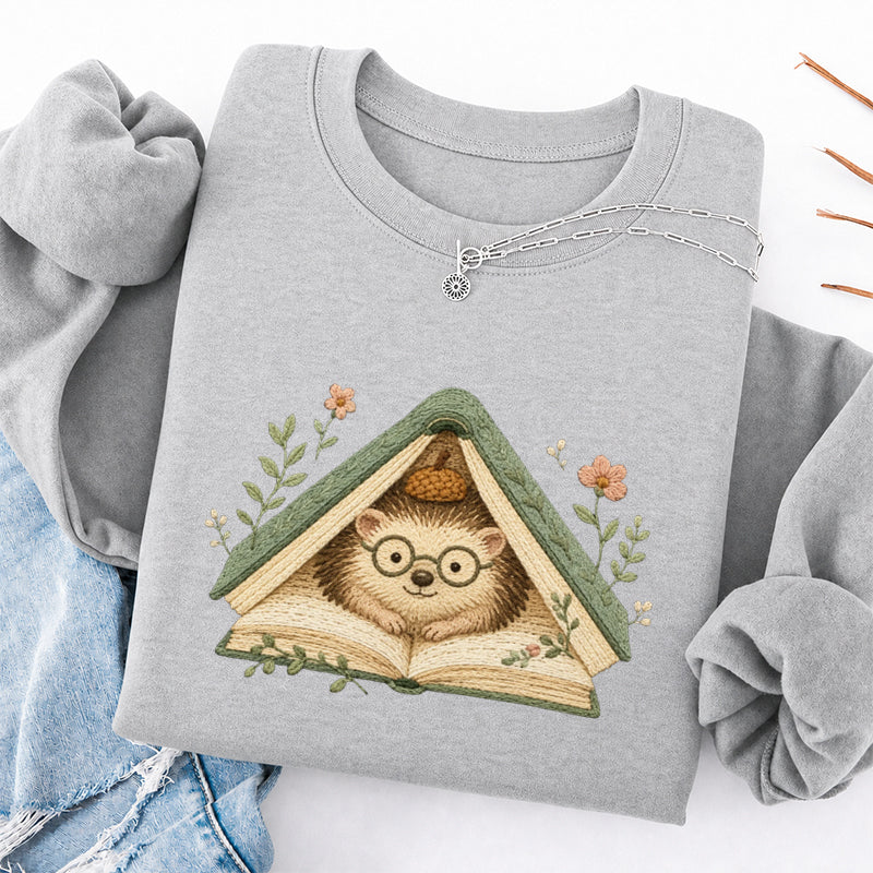 Embroidered Hedgehog Book Flower Classic Crewneck Sweatshirt