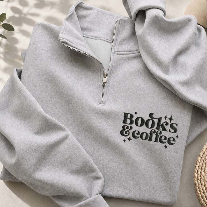 Personalized Embroidered Books & Coffee Classic Quarter Zip Sweatshirt