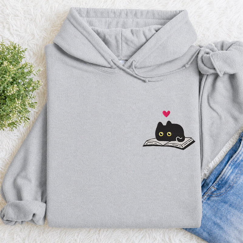 Embroidered Black Cat and Book Classic Adult Unisex Hoodie
