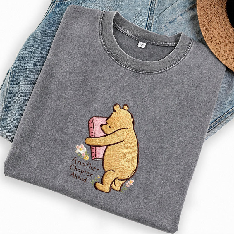 Embroidered Reading Bear Another Chapter Washed Crew Neck T-Shirt