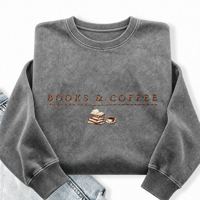 Embroidered Book & Coffee Washed Crewneck Sweatshirt