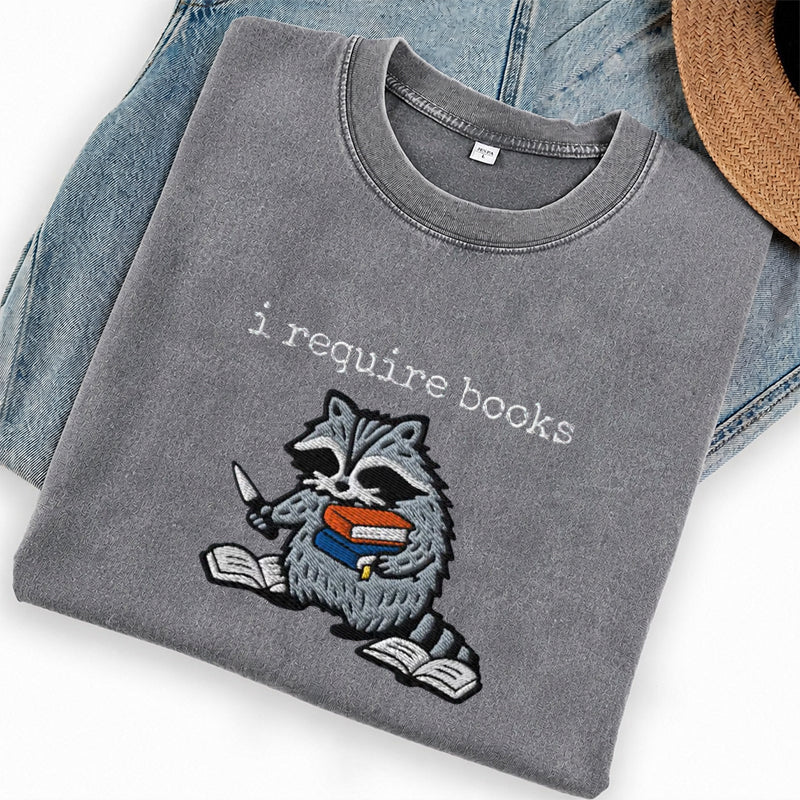 Embroidered I Require Books Washed Crew Neck T-Shirt